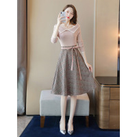 丝柏舍2019秋女长袖简约毛衫搭格子半身裙淑女套装S93B4532N