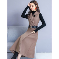 丝柏舍2019秋装女韩版修身大摆翻领中长款毛呢马夹S93B4641J