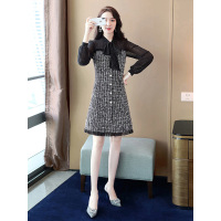 丝柏舍2019秋装女装通勤风长袖拼接中款格子连衣裙S93R4145L