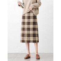 丝柏舍2019秋装女高腰港味后开叉复古格子半身裙S93B4813B