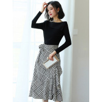 丝柏舍2019秋装女一字肩长袖毛衫搭高腰半身裙套装S93T4850N