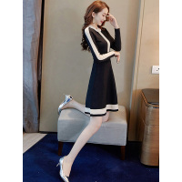 丝柏舍2019秋女法式复古圆领长袖撞色中长款连衣裙S93T4081L