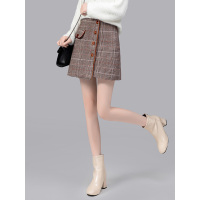丝柏舍2019秋女韩版单排扣高腰纽扣装饰格子半身裙S94B6158B