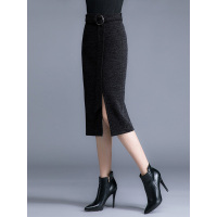 丝柏舍2019冬装女士时尚纯色高腰侧开叉针织半身裙S84R1077B