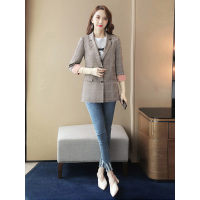 丝柏舍2019秋装休闲七分袖单排扣修身格子西装外套S93B4425X