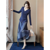 丝柏舍2019秋装女V领长袖修身毛衫搭高腰半身裙套装S93B4519N