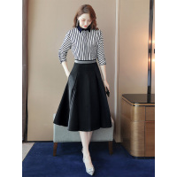 丝柏舍2019秋装女条纹修身衬衫搭OL气质半身裙套装S93B4553N