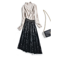 丝柏舍2019秋装女时尚纯色收腰修身简约百褶半身裙S93B4351B