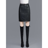 丝柏舍2019秋装女士纯色开叉显瘦高腰包臀半身皮裙S93B4379B