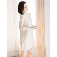 丝柏舍裙子2019秋圆领纯色长袖蕾丝拼接短款连衣裙S93H0012L