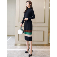丝柏舍连衣裙女秋冬2019撞色条纹半高领修身中长裙S93T4962L