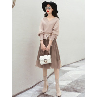 丝柏舍秋季女装2019纯色长袖毛衫搭百褶半身裙套装S93T4856N