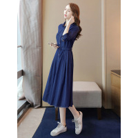 丝柏舍秋装女2019翻领牛仔七分袖系带中长连衣裙S93R4872L