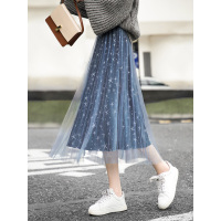 丝柏舍2019秋装女士小星星a字网纱裙高腰气质半身裙S93T4775B