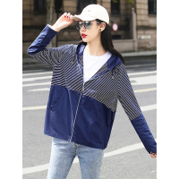 丝柏舍女2019秋装连帽长袖条纹撞色学院风短外套S93R4923A