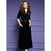 丝柏舍秋装女2019年纯色V领收腰单排扣中长款连衣裙S93R4949L