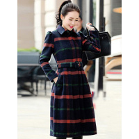 丝柏舍2019秋季藏青格子翻领收腰呢子大衣(配腰带)044088