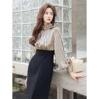 丝柏舍2019秋装女装条纹拼接长袖OL修身中长连衣裙S93R4951L