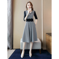 丝柏舍2019秋装拼接撞色收腰修身长袖中长款连衣裙S93B4461L