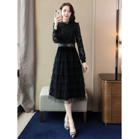 丝柏舍2019秋季女装时尚纯色中长款蕾丝蛋糕连衣裙S93B4377L