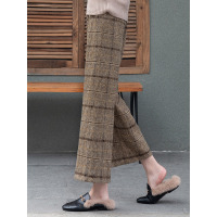 丝柏舍2019冬装女复古收腰格纹直筒宽松气质休闲裤S94R6041K