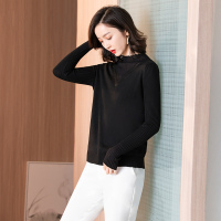 丝柏舍2020春新款女网纱拼接长袖修身套头常规款针织衫S01S0005Z