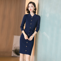丝柏舍2020春季女时尚纯色简约纽扣装饰修身长袖连衣裙S01D0010L