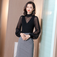 丝柏舍春装女2020圆领拼接ins简约显瘦雪纺袖针织衫S01U0025Z