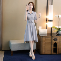 丝柏舍2020夏季女装细条纹翻领简约修身中长款连衣裙S92R1992L