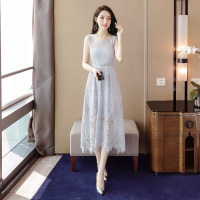 丝柏舍2020夏装女时尚纯色圆领无袖蕾丝A字中长裙S92R1835L