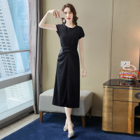 丝柏舍2020夏季韩版显瘦圆领收腰下开叉短袖连衣裙S92R2384L