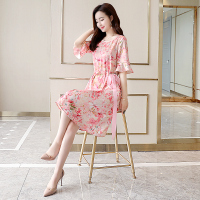 丝柏舍2020春季女韩版圆领小碎花喇叭袖连衣裙S92R0358L