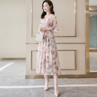 丝柏舍夏装2020女圆领荷叶袖印花气质中长款连衣裙S91R0546L
