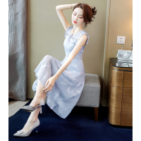 丝柏舍2020夏季纯色简约收腰中长款无袖雪纺连衣裙S92R0197L