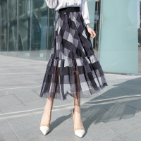 丝柏舍2020春季女装时尚格纹拼接网纱中长款半身裙S01R0116B