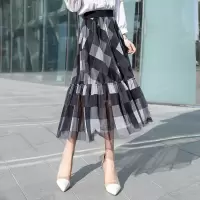丝柏舍2020春季女装时尚格纹拼接网纱中长款半身裙S01R0116B