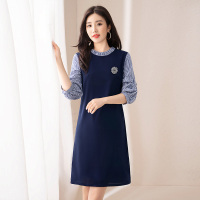 丝柏舍2020春装女荷叶边领皱褶七分袖假两件连衣裙S01R0143L