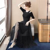 丝柏舍2020春装女时尚圆领修身网纱拼接长款连衣裙S01T0971L