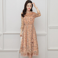 丝柏舍2020女装春装印花长袖圆领收腰中长款连衣裙（不含配件）S81R0463L