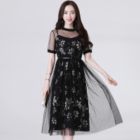 丝柏舍2020年春装女装圆领短袖拼接纱网时尚连衣裙（不含配件）S82R0342L