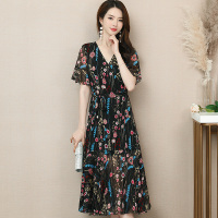 丝柏舍女士2020春装印花V领荷叶袖收腰中长款连衣裙（不含配件）S82R0348L