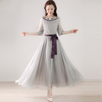 丝柏舍2020女士夏纯色圆领长袖收腰刺绣长款连衣裙（不含配件）S82R0558L