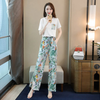 丝柏舍2020夏装女圆领短袖常规款套头上衣搭印花长款阔腿休闲两件时尚套装（不含配件）S92R2142N