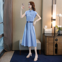 丝柏舍2020夏装女时尚气质小清新翻领纯色简约中长连衣裙（不含配件）S92R2048L