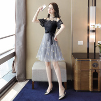 丝柏舍2020夏装女气质优雅圆领露肩网纱蕾丝拼接连衣裙（不含配件）S92R1858L