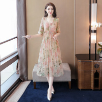 丝柏舍2020夏装女时尚V领碎花高腰外裙搭吊带气质淑女修身中长款连衣裙（不含配件）S92R1826L