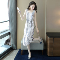 丝柏舍2020夏装女时尚圆领无袖条纹简约显瘦中长款连衣裙（不含配件）S92R1168L