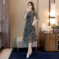 丝柏舍2020夏装女复古印花优雅圆领五分袖雪纺连衣裙（不含配件）S92R1123L