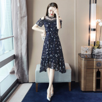 丝柏舍2020夏装女时尚气质圆领露肩高腰修身中长款印花连衣裙（不含配件）S92R0873L