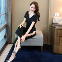 丝柏舍2020夏装女时尚素雅显瘦韩版v领短袖上衣搭直筒休闲裤气质两件套装(不含配件）S92R0804N